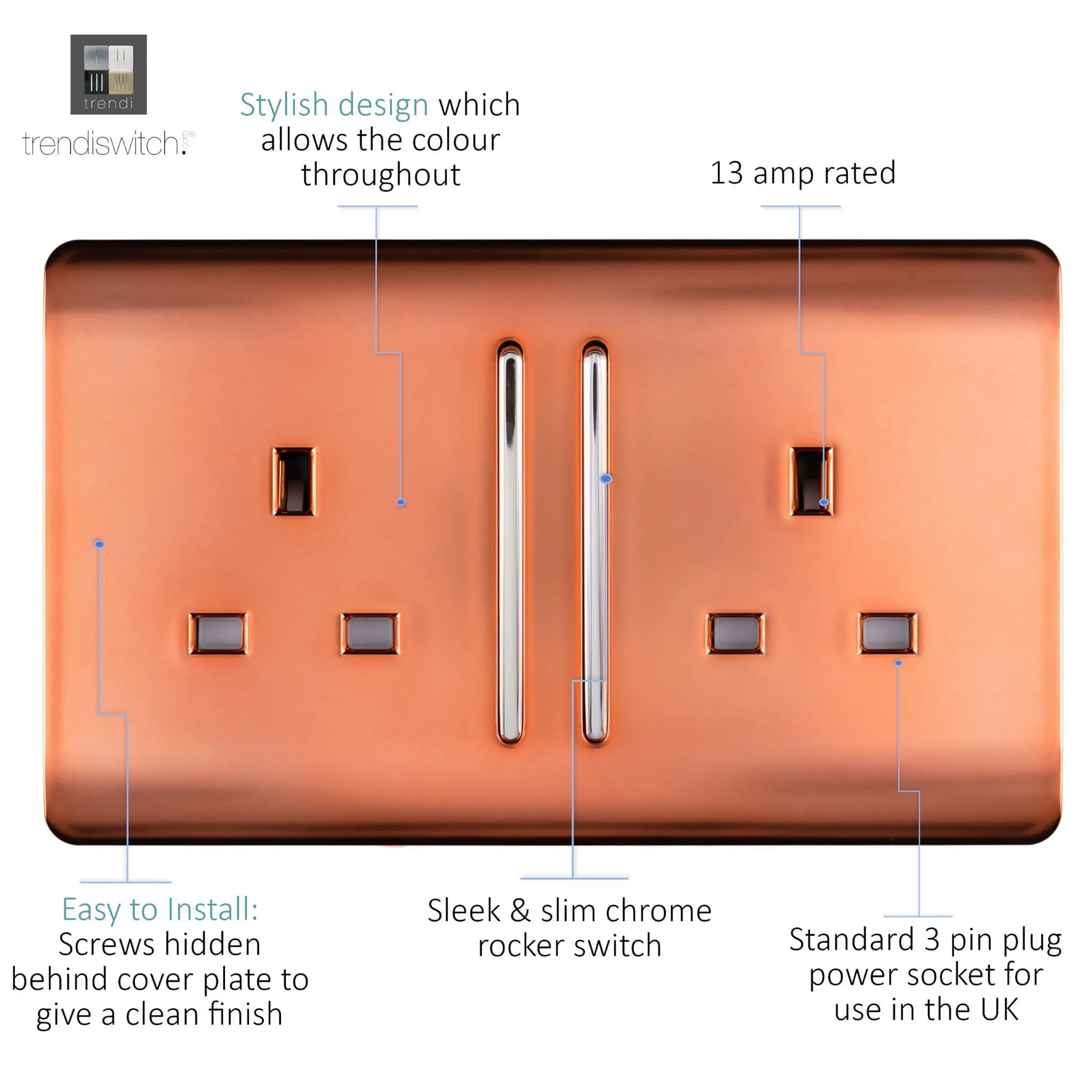 2 Gang 13Amp Long Switched Double Socket Copper ART-SKT213LCPR  Trendi Copper